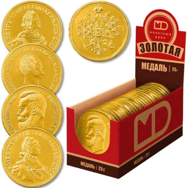 Набор из шоколада Медали 25г в ассортименте Императоры России 0205 24шт/уп