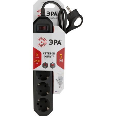 Сетевой фильтр ЭРА, 5 роз/5м/10А/2200Вт, с заземл, черный, USF-5es-5m-B