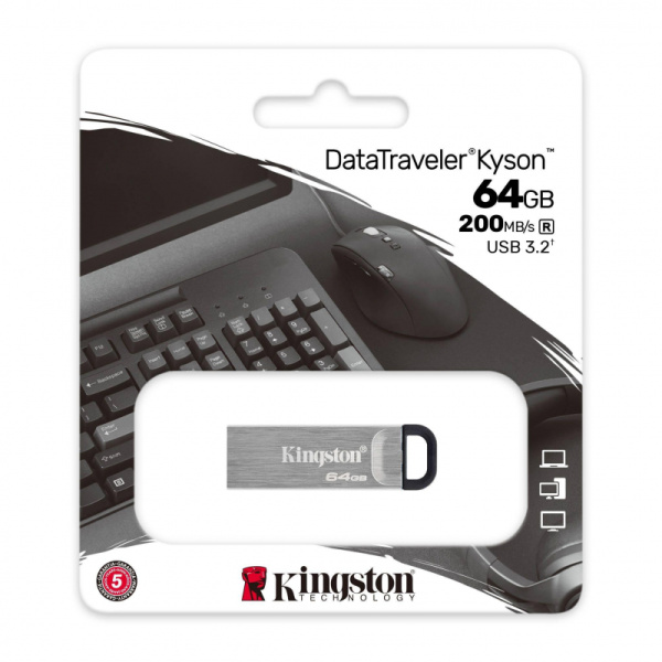 Флеш-память Kingston DataTraveler Kyson, USB 3.2 G1, сереб, DTKN/64GB