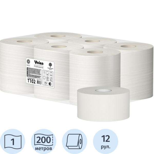 Бумага туалетная д/дисп Veiro Q2 Basic 1сл сер вторич 200м 12рул/уп T102