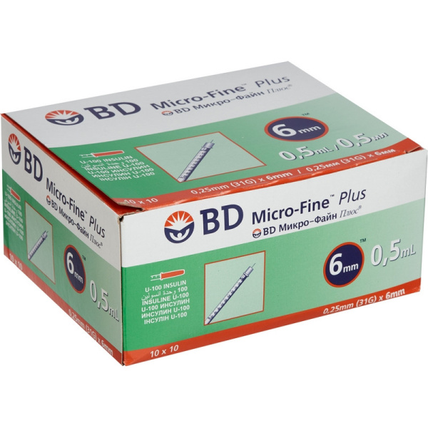 Шприц инсулиновый U-100 0,5мл 31G(0,25х6) инт. 100шт/уп BD