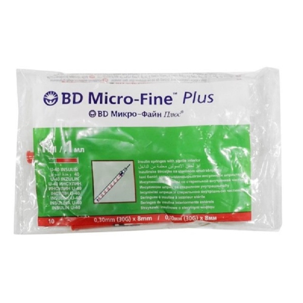 Шприц инсулиновый U-40 1мл 30G(0,30х8) инт. 100шт/уп BD