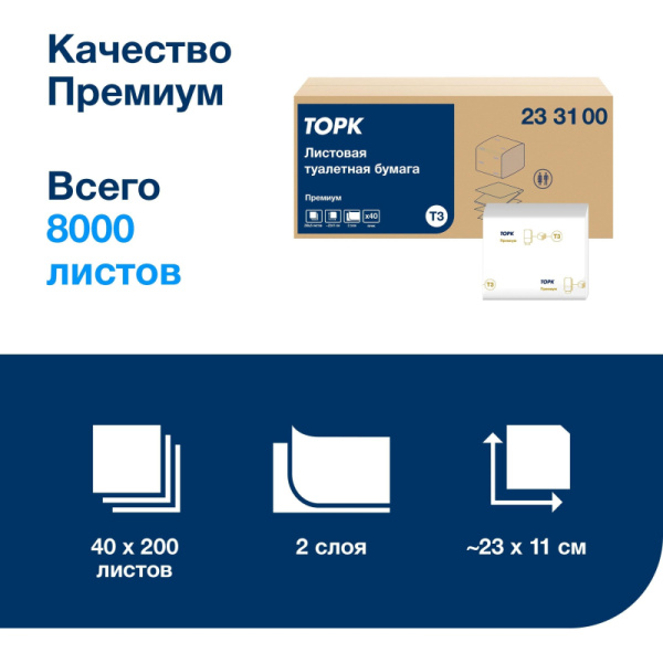 Бумага туалетная д/дисп Торк Премиум 2-сл. Т3 200л 40пач/уп, цел 233100