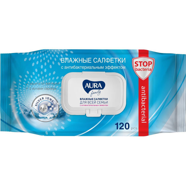 Салфетки влажные AURA антибак Family 120шт с крышкой