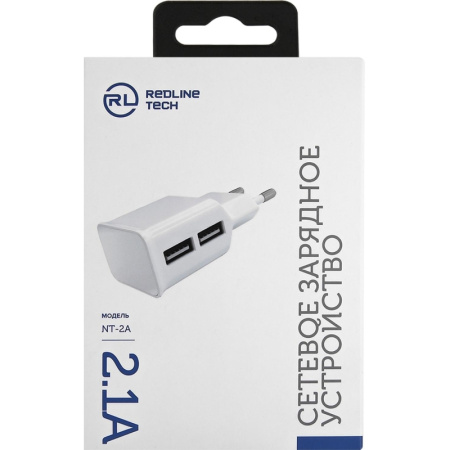Зарядное устройство сетевое, 2 USB, 2.1А, Red Line NT-2A, бел, УТ000009405