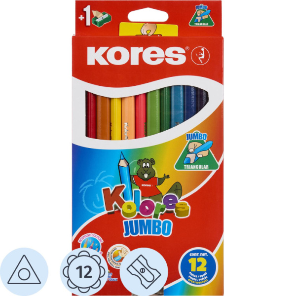 Карандаши цветные 12цв 3-гран,точилка Kores Jumbo 93512.01