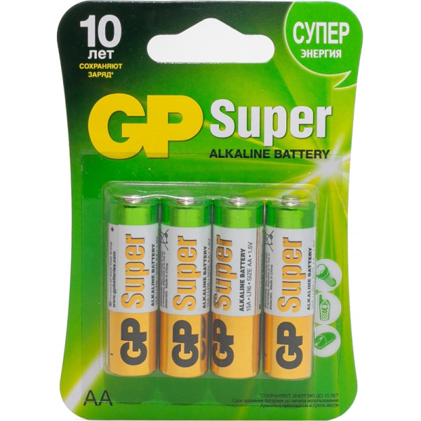 Батарейка GP Super AA/LR6/15A алкалин., GP15A - 2CR4,бл/4шт