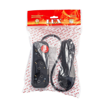 Удлинитель LUX У3-Е-03 3-местный с з/к, 250В 16А, 3м, черный
