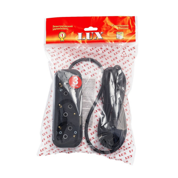 Удлинитель LUX У3-Е-03 3-местный с з/к, 250В 16А, 3м, черный
