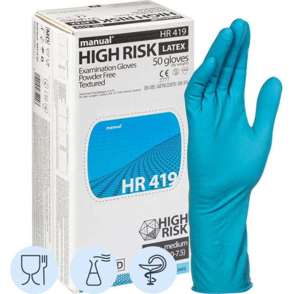 Перчатки мед.смотров. латекс,н/с,н/о, MANUAL HR419 High Risk  M 25пар,ПС