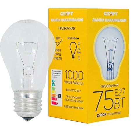 Электрическая лампа СТАРТ стандартная/прозрачная 75W E27