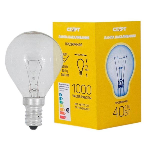 Электрическая лампа СТАРТ шарик/прозрачная 40W E14