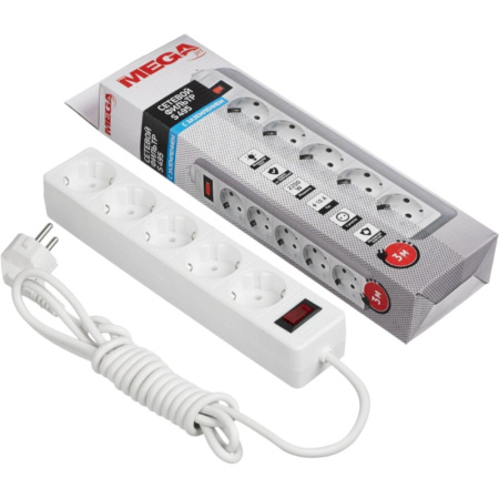 Сетевой фильтр Promega jet 5/3м с зазем,10А,2200 Вт,автомат предохр,белый