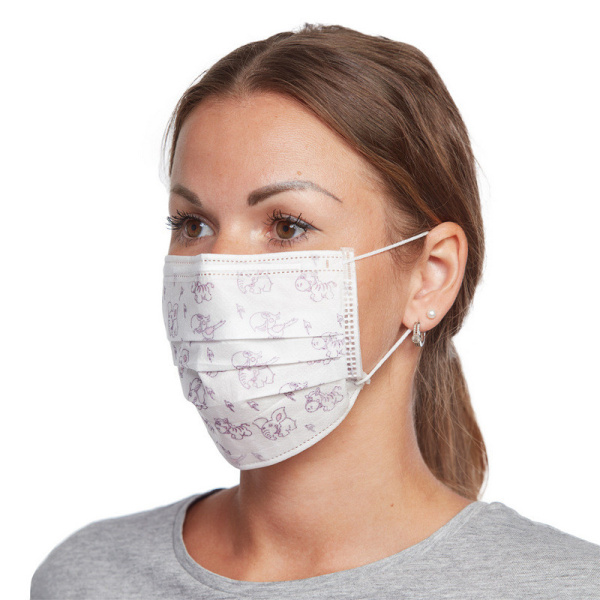 Маска медицинская 3-х сл., резинка,с рисунком 100шт/уп  Гекса