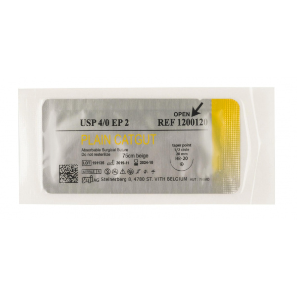 Шовный материал КЕТГУТ простой 4/0, 75см Кол 20мм, 1/2 1200120 12шт/уп SMI