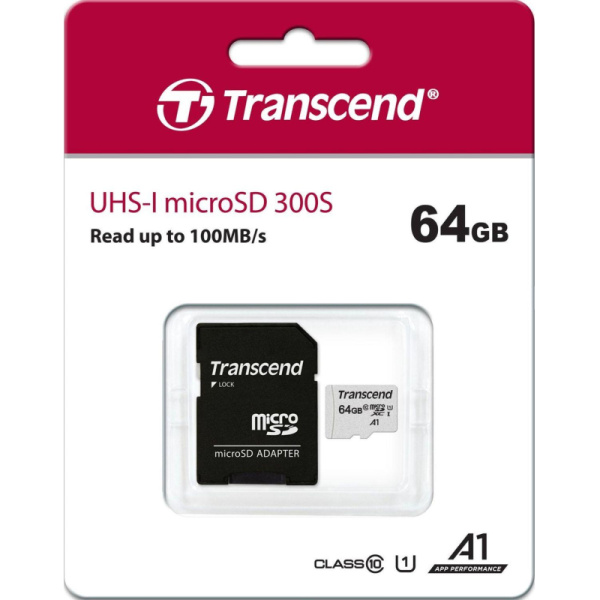 Карта памяти Transcend 300S microSDXC 64Gb UHS-I Cl10 +ад, TS64GUSD300S-A