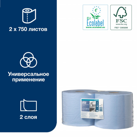 Бумага протирочная TorkW1/W2 2сл750лx2рул/к,съем.втул,гол.130052
