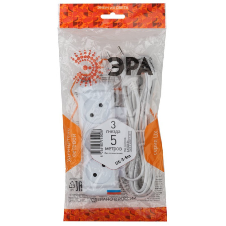 Удлинитель ЭРА, 3 роз/5м/2х0.75мм/6А/1300Вт, без заземл, белый, UX-3-5m(M)