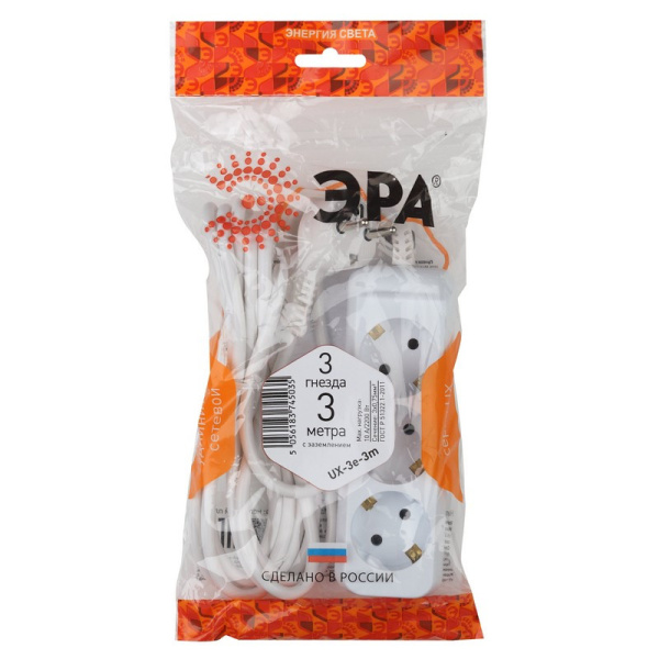 Удлинитель ЭРА, 3 роз/3м/3х0.75мм/10А/2200Вт, с заземл, белый, UX-3e-3m