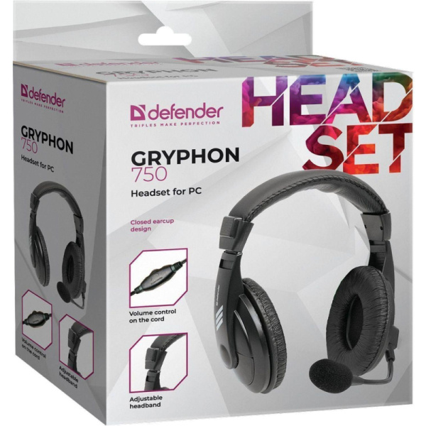 Гарнитура Defender Gryphon 750, 2м, AUX, черная