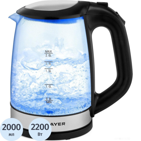 Чайник электрический BRAYER BR1040BK, 2220Вт,  2 л, стекл., черный