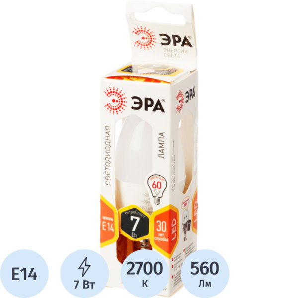Лампа светодиодная Эра 7W E14 2700k тепл.бел.свеча LED B35-7W-827-E14