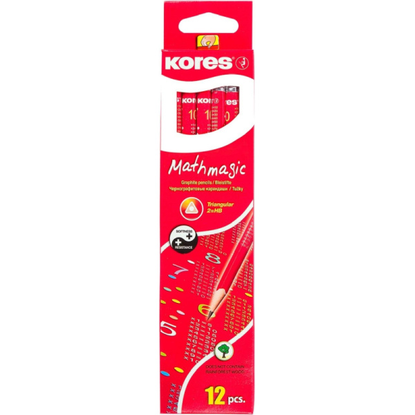 Карандаш чернографитный Kores трехгранный HB с ластиком и таблицей умножени