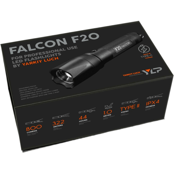Фонарь ЯРКИЙ ЛУЧ F20 Falcon CREE XP-L HI 800лм, 3 режима, аккум