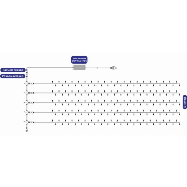 Гирлянда светодиодная LED ClipLight 24V, 5 нитей по 20 м, Белый 323-505