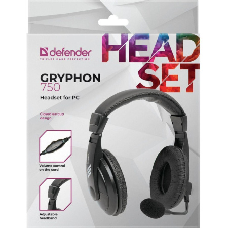Гарнитура Defender Gryphon 750, 2м, AUX, черная