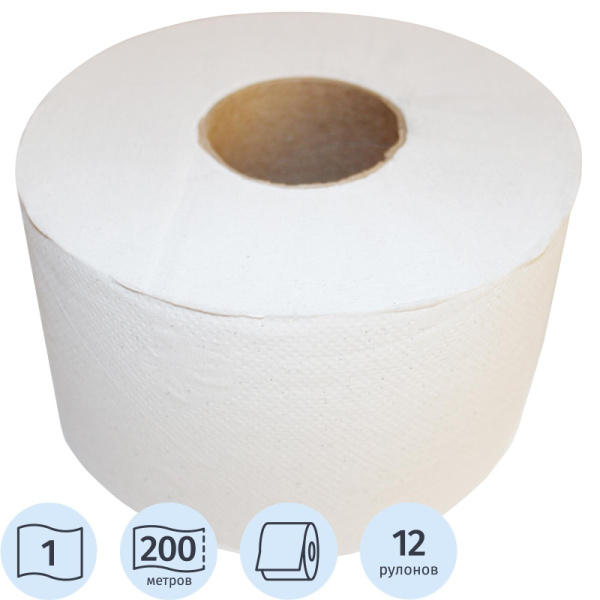 Бумага туалетная д/дисп 1сл бел макул втул 200м 12рул/уп 200W1 С КЗН