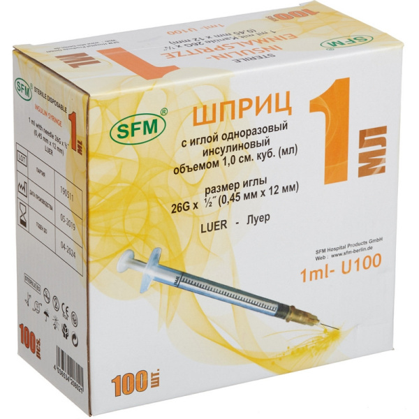 Шприц инсулиновый U-100 1мл 26G(0,45х12) над. 100шт/уп SFM