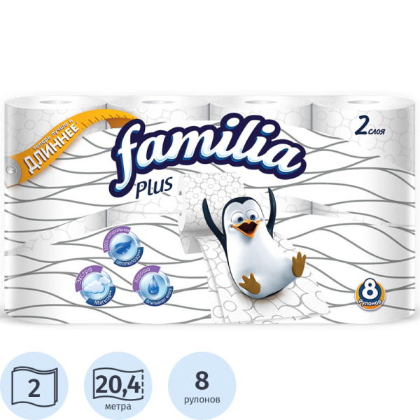 Бумага туалетная FAMILIA PLUS белая 2сл 8рул/уп,Новосиб