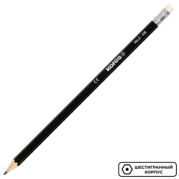 Карандаш чернографитный Kores шестигранный HB с ластиком
