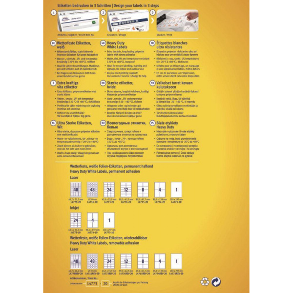 Этикетки самоклеящиеся L4776-20 Всепогодные,бел,99.1х42.3мм,L+K+CL,240шт/уп