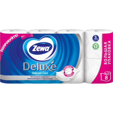 Бумага туалетная Zewa Deluxe 3сл бел 100%цел втул 20,7м 150л 8рул/уп 5366