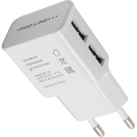 Зарядное устройство сетевое, 2 USB, 2.1А, Red Line NT-2A, бел, УТ000009405