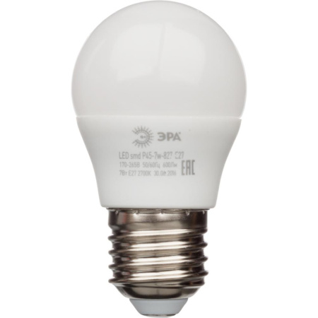 Лампа светодиодная Эра 7W E27 2700k тепл.бел. шар ЭРА smd P45-7W-827-E27