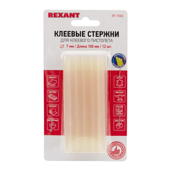 Стержень клеевой REXANT d7.4х100мм прозрачные светящиеся, 12шт. (09-1060)
