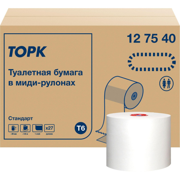 Бумага туалетная д/дисп Tork Mid-size Т6 Universal 1сл бел135м 27рул 127540