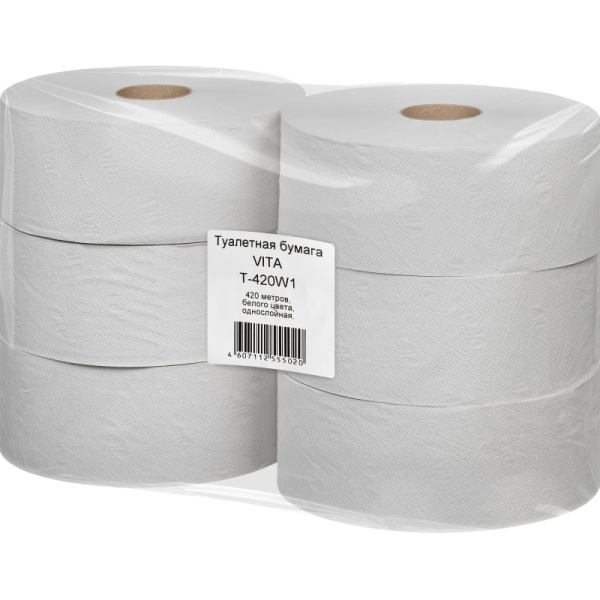 Бумага туалетная д/дисп 1сл бел макул втул 420м 6рул/уп 420W1