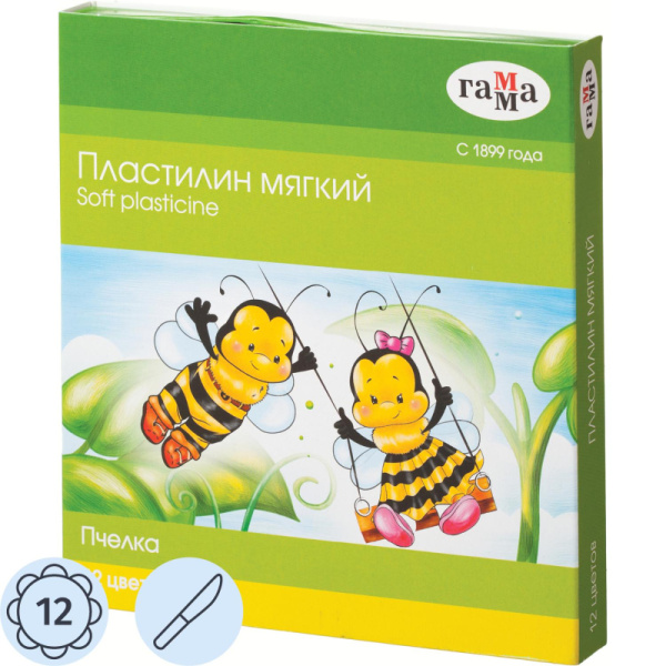 Пластилин воск. Гамма Пчелка мягкий 12цв, со стеком, к/к, 180г, 280032Н