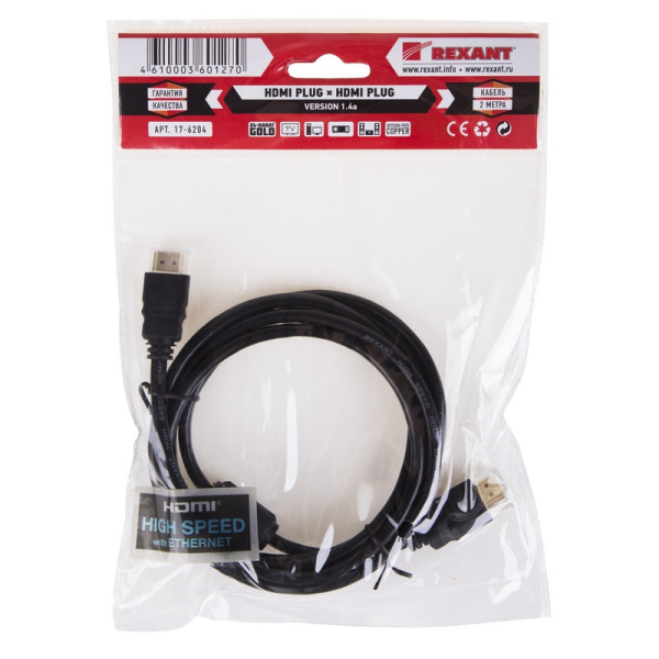 Кабель HDMI - HDMI, М/М, 2 м, v1.4, фер, поз.р, Rexant, чер, 17-6204