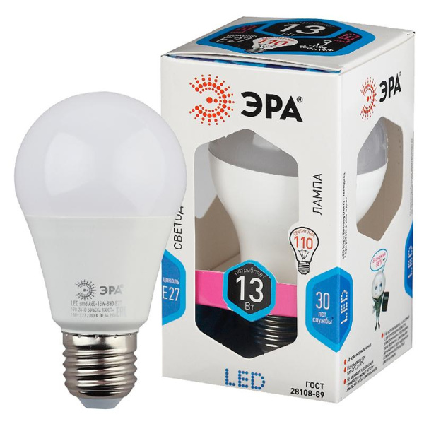 Лампа светодиодная Эра 13W E27 4000k нейт.бел. ст.колба LED A60-13W-840-E27
