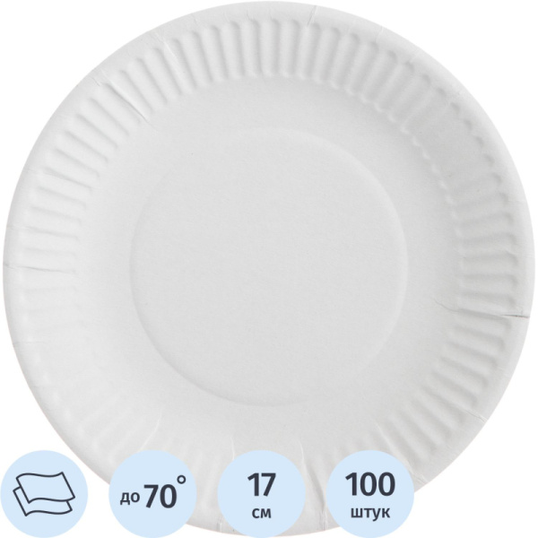 Тарелка одноразовая бум., d 170 мм, белая, КОМУС, 100шт./уп.10уп./кор