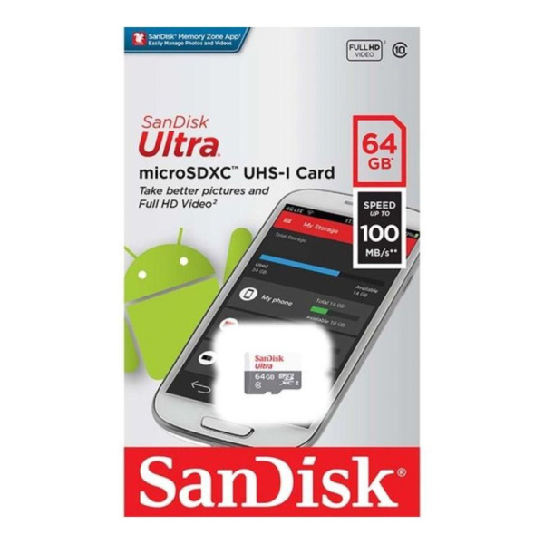 Карта памяти SanDisk Ultra microSDXC UHS-I Cl10, SDSQUNR-064G-GN3MN